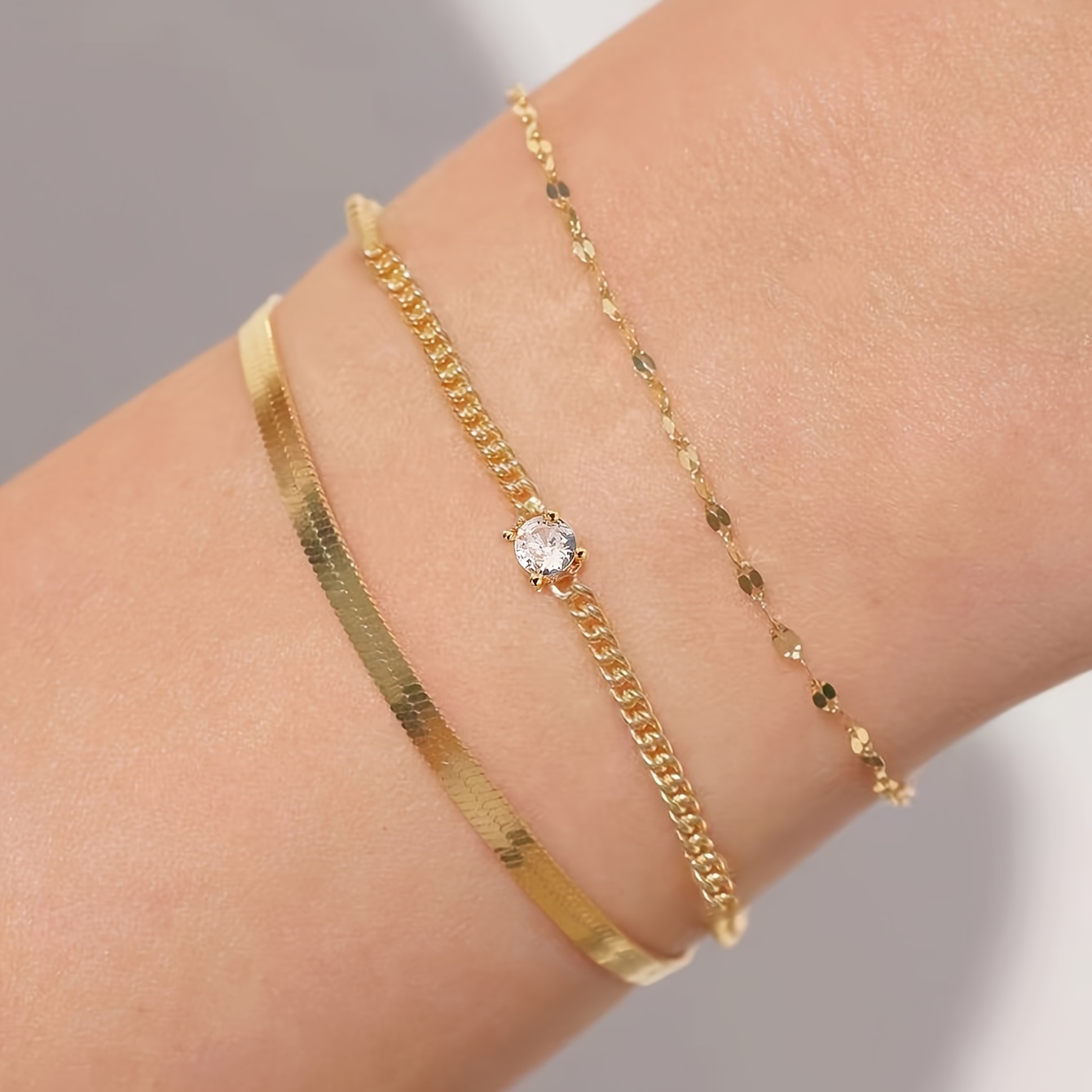Fashion Pave Synthetic Zirconia Bangle Flat Chain Bracelet Set